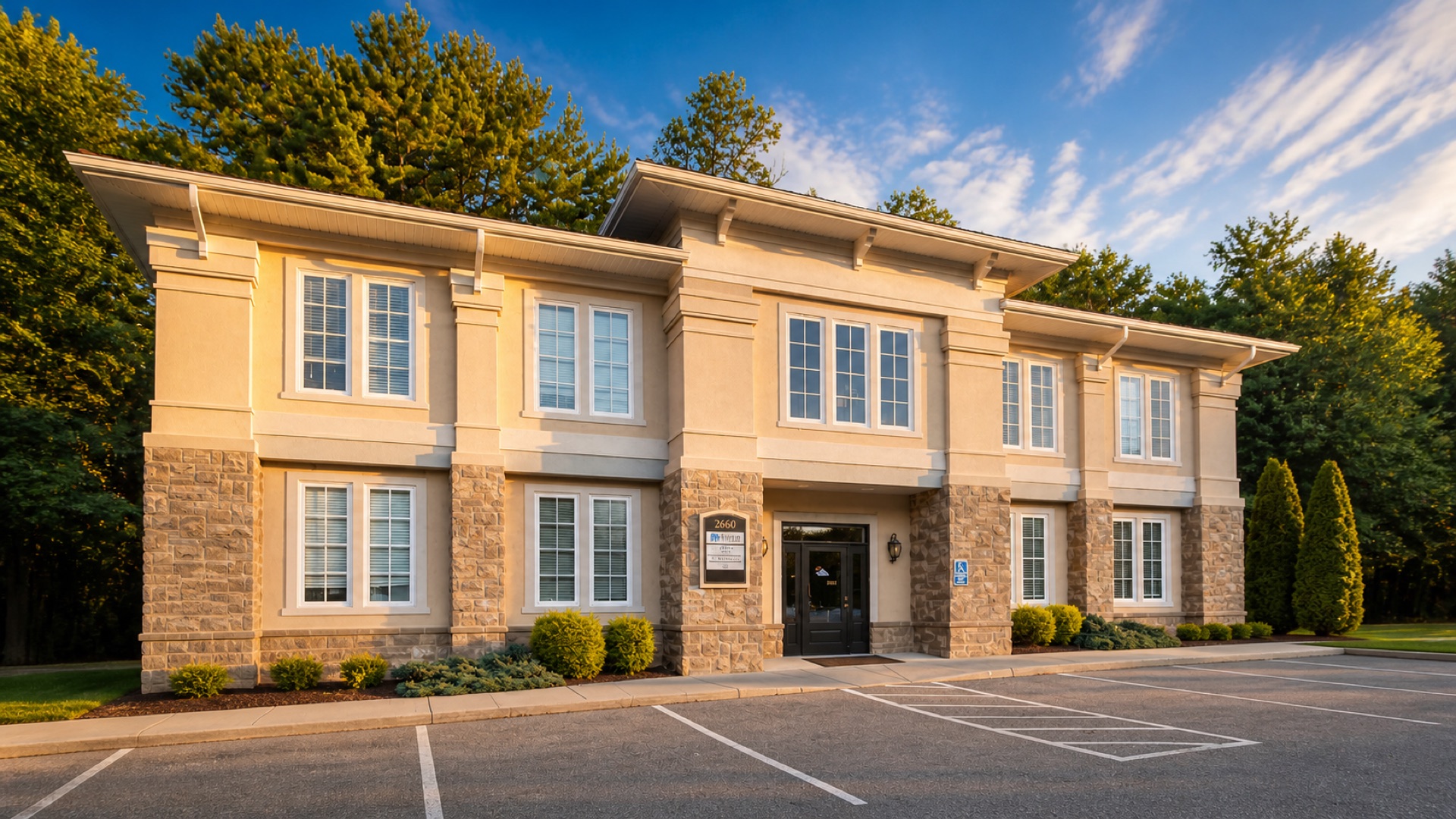 Exterior of Roanoke Dental Center on Electric Rd in Cave Spring, two-story tan stone-and-stucco office building with on-site parking