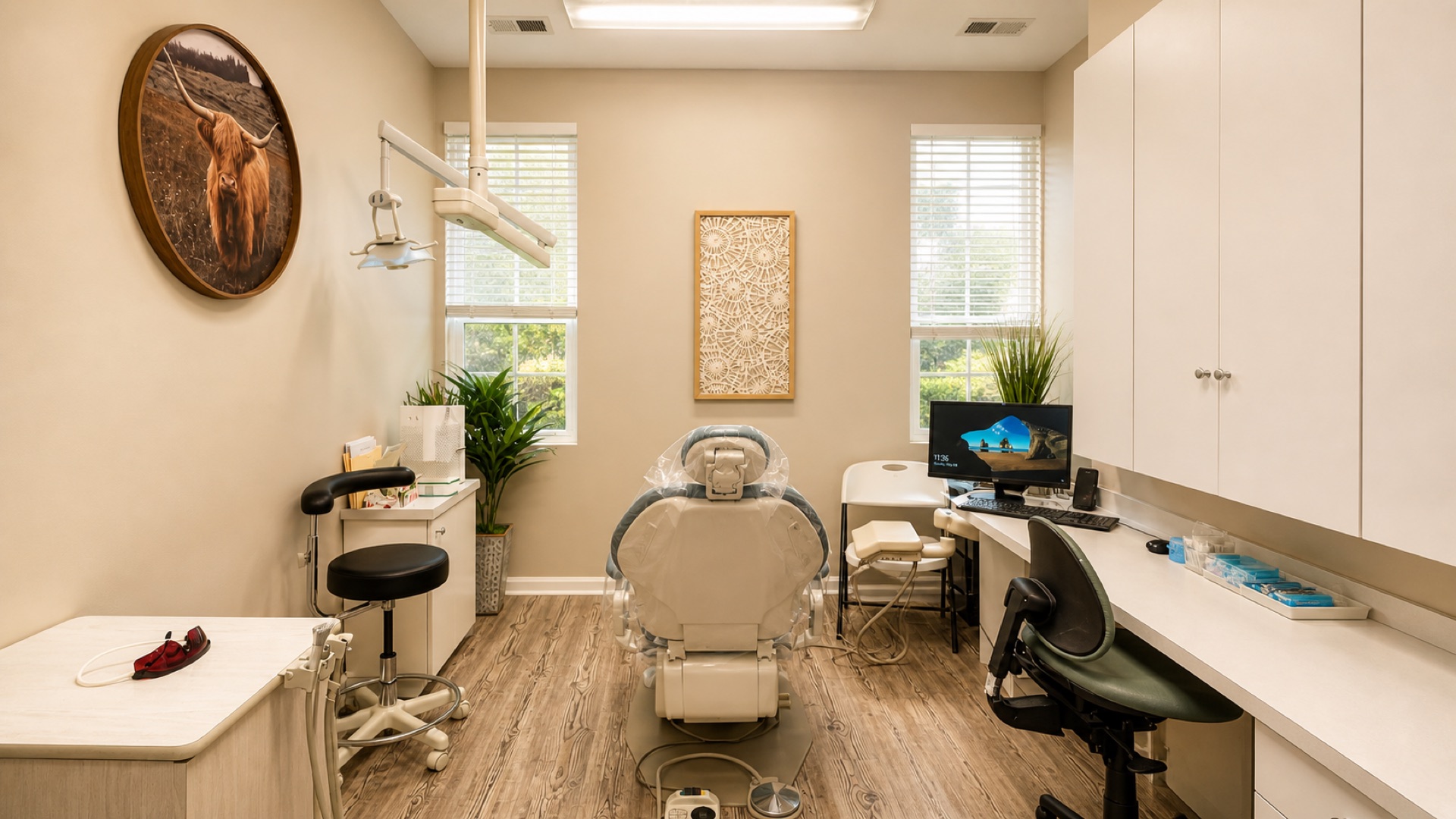 Patient operatory at Roanoke Dental Center with full dental chair, overhead exam light, and digital monitor